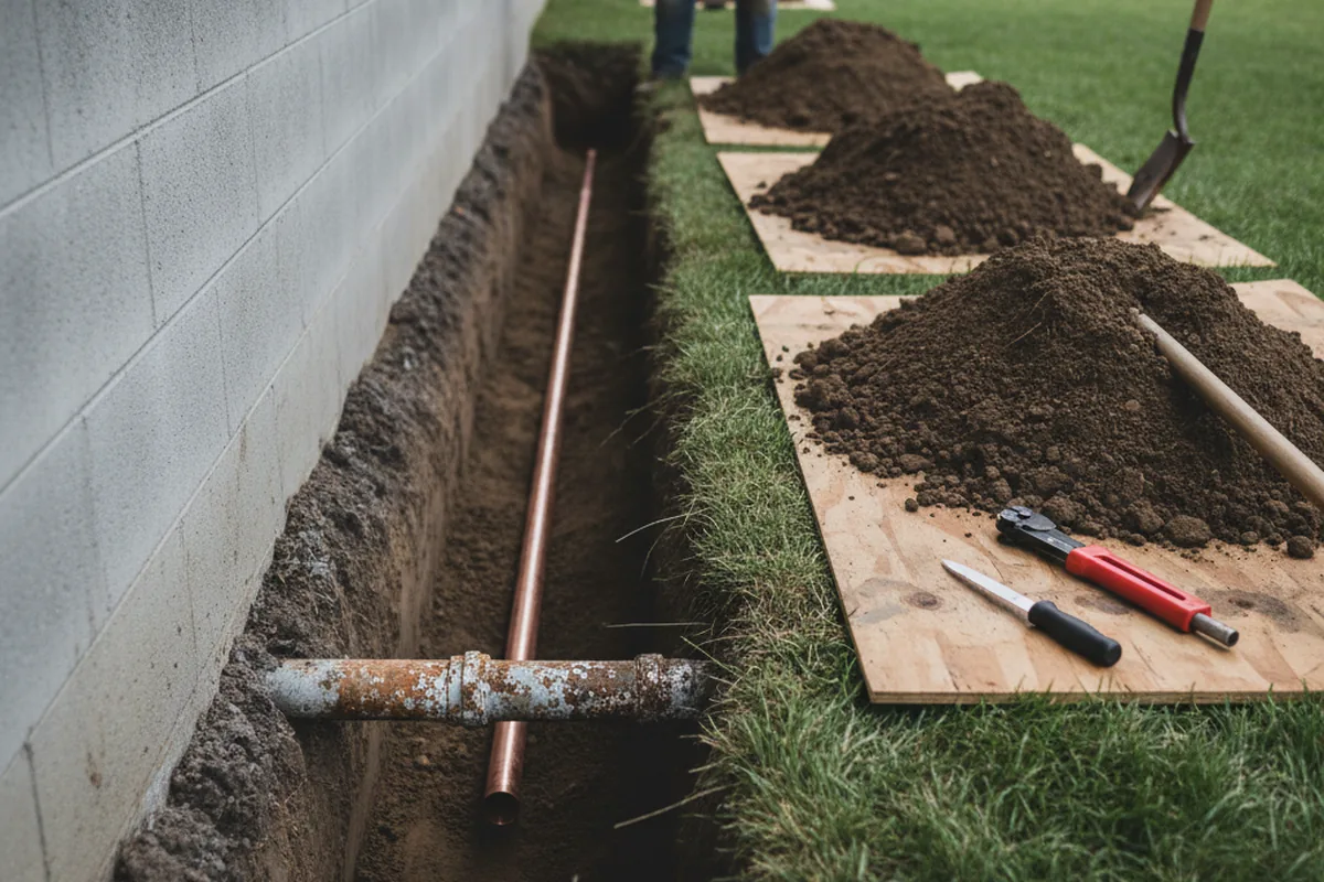 Excavated water line trench during Water Softener Installation in Bon Secour